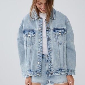 Zara over sized  XS Light Blue Denim Jacket longer length distressed